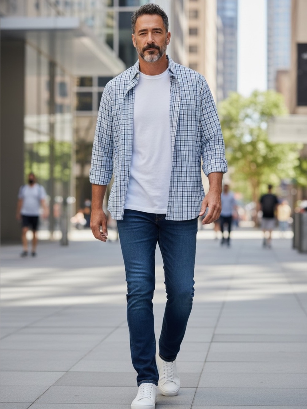 Banana Republic Light Blue and Navy Plaid Button-Up Shirt